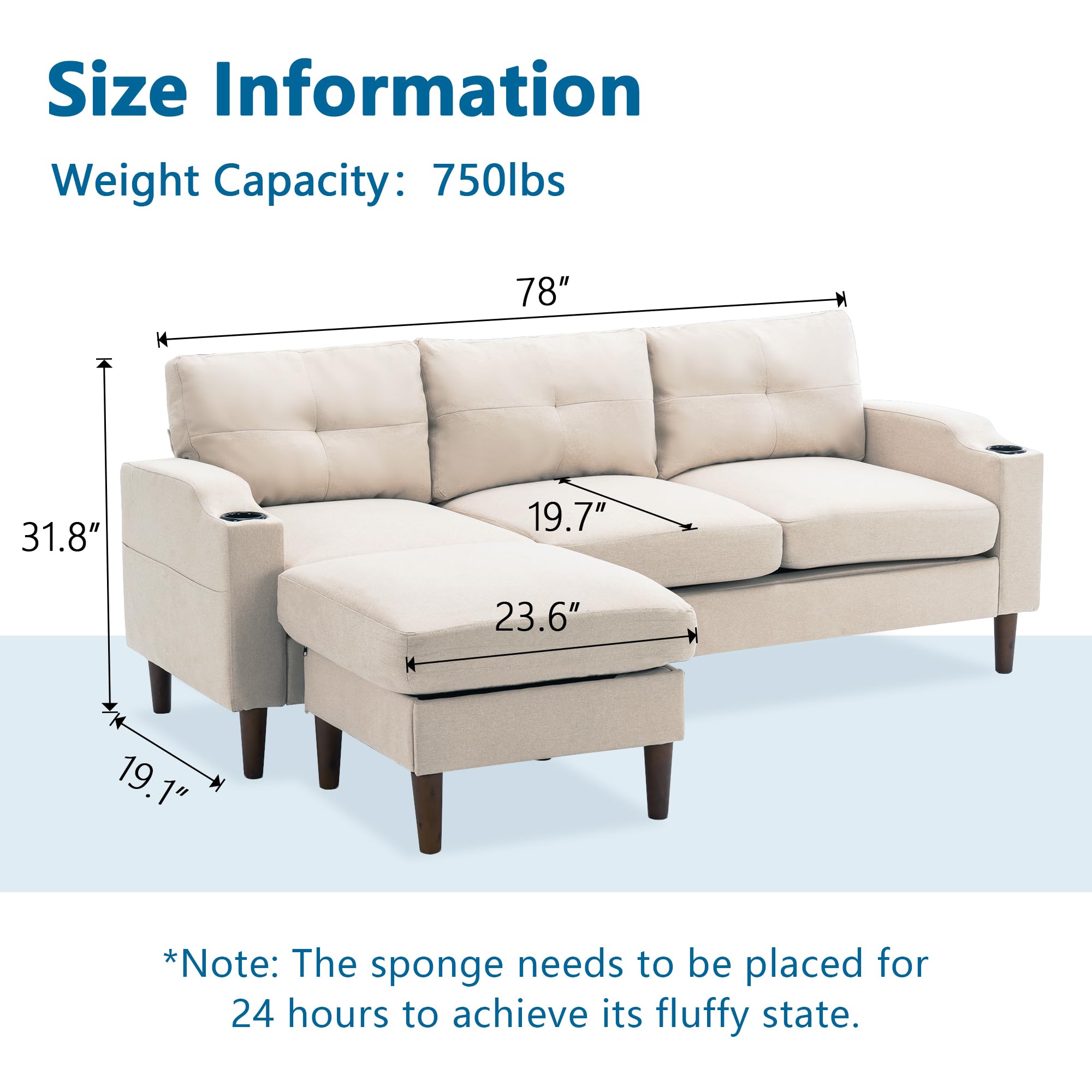 Dolonm L-Shape Modern Sofa, Sectional Couch with Built-in USB Port and Convenient Cup Holder, 3-Seater Sofa with Storage Ottoman, Couch for Living Room, Office, Apartment, Beige