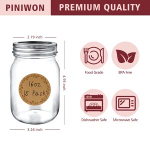 PINIWON Mason Jars 16 oz with Airtight Lids and Bands, 15 Pack Regular Mouth Canning Jars, Clear Glass Pint Jars for Canning, Pickling, Food Storage, DIY Projects, 24 Labels, Brush & String Included