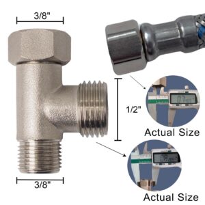 Bidet T Adapter - T Valve Adapter for Bidet, Made of Brass Coated Nickel (Thread Size 3/8 x 3/8 x 1/2 or 9/16 x 9/16 x 1/2), 3 Way Adapter or Tee Connector