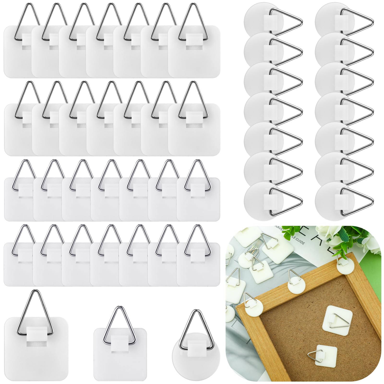 Wenqik 45 Pcs Adhesive Picture Hanger Foamboard Picture Hanging Hooks Without Nails Plastic Picture Hangers Sticky Hangers for Home Wall Art Picture Photo Frame Bathroom Closet Kitchen (Round,Square)