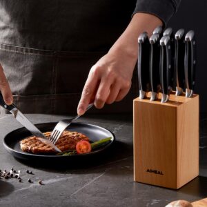 Aiheal Steak Knives Set of 8 with Beech Knife Block, 4.5 Inch Steak Knives with Unique Damascus Pattern, Non Serrated Stainless Steel Steak Knife Set, Full Tang Handle Design for Kitchen Dinner