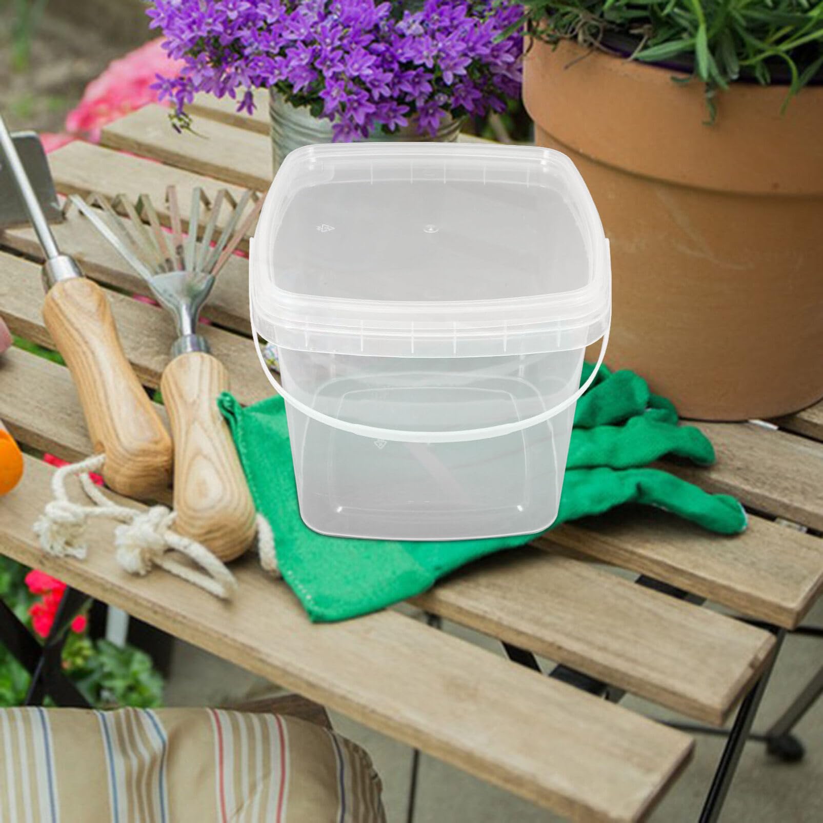 Homoyoyo Clear Plastic Bucket with Handle Lid,Heavy Duty Square Plastic Bucket Ice Cream Buckets Food Storage Containers Water Pail Industrial Pail Party Tub Empty Paint Can