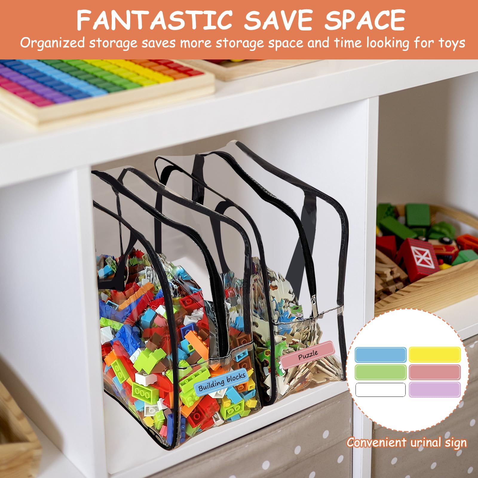 6 Packs Large Toy Storage Bags with Labels, Reusable Clear PVC Board Game Storage, Travel Waterproof Organizer Bags with Zipper for Building Blocks, Puzzle, Kids Books