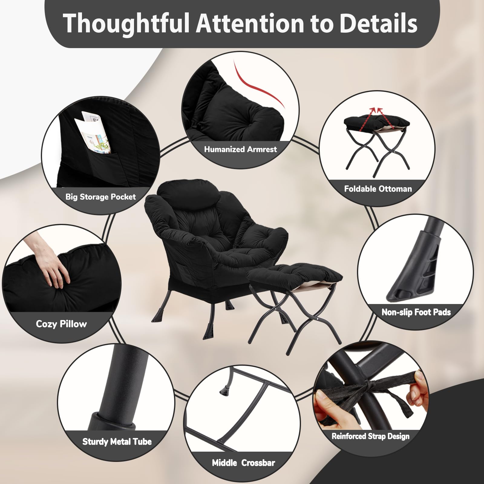 Youtanic Lazy Chair with Folding Ottoman, Accent Chair Velvet Upholstered with Metal Structure and Non-Slip Pads, Sofa Armchair with Footrest and Side Storage Bag for Dorm, Room, Office, Black