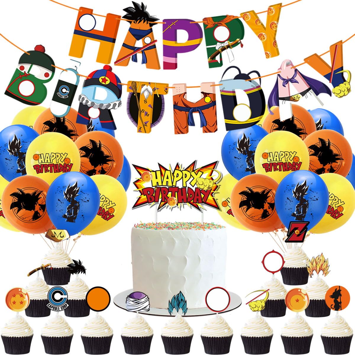 Birthday Party Supplies Set ,Includes Happy Banner - Cake&Cupcake Toppers - 24 Latex Balloons for Kids Theme Birthday Party Decoration