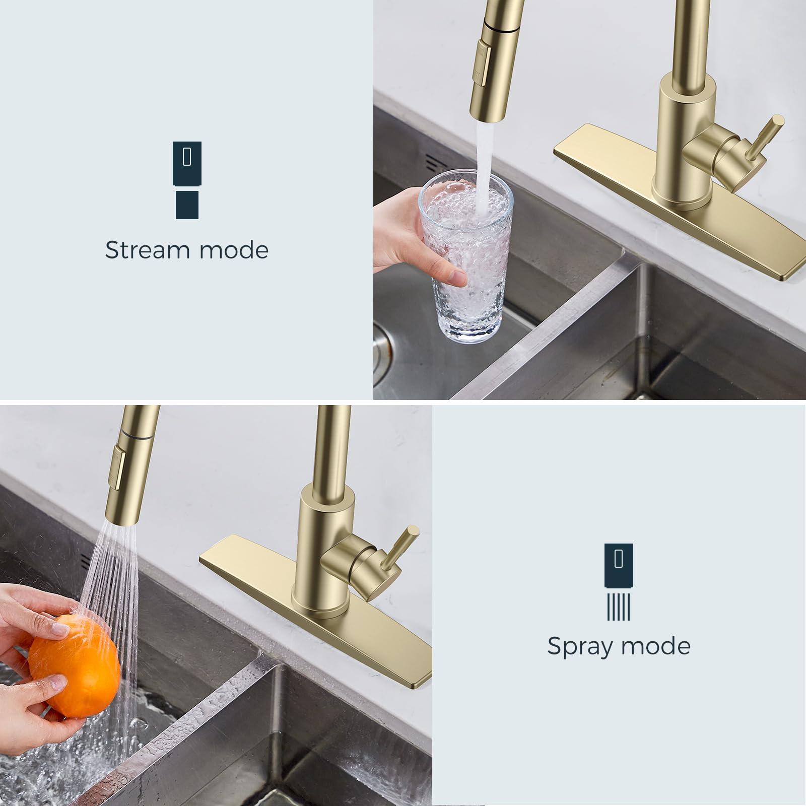 FORIOUS Gold Kitchen Faucets, Brushed Gold Kitchen Faucet with Pull Down Sprayer, Kitchen Sink Faucet Champagne Gold, High Arc Stainless Steel Classic Faucet for Kitchen Sink, Bar, Farmhouse, Laundry