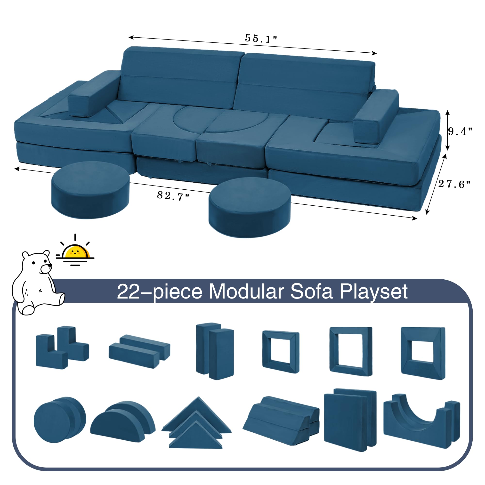 Edbuosy 22Pcs Modular Kids Play Couch - Kids Couch for Playroom Bedroom Living Rooms 500+DIY Creativing Couch for Inspiring Child Versatile, Large Modular Couch Children Convertible Sofa Foam Couch