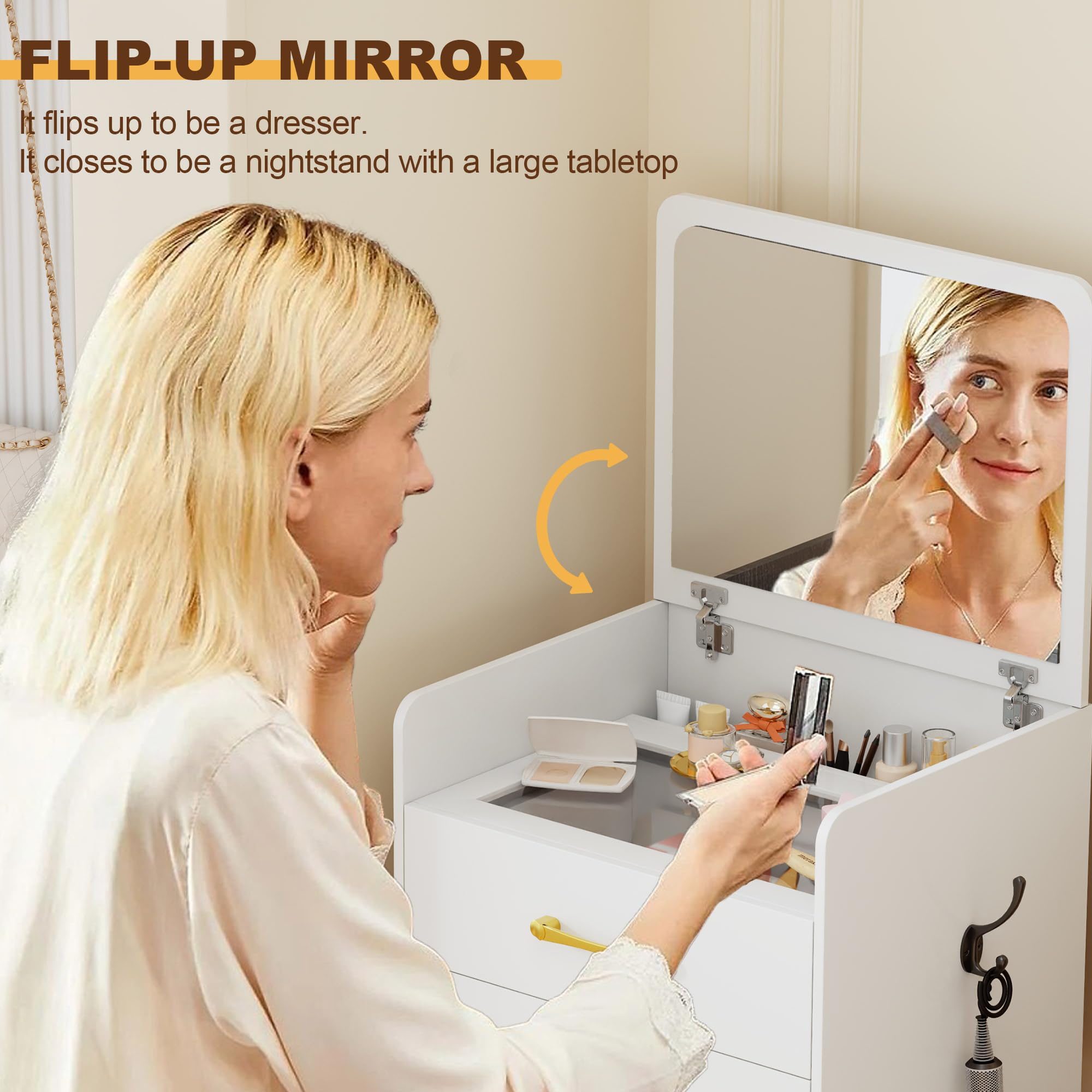 JDPAG 3-in-1 Vanity Desk with Flip Top Mirror, Makeup Vanity Table with Cushioned Stool for Small Space, Compact Dressing Table, Vanity Set for Bedroom