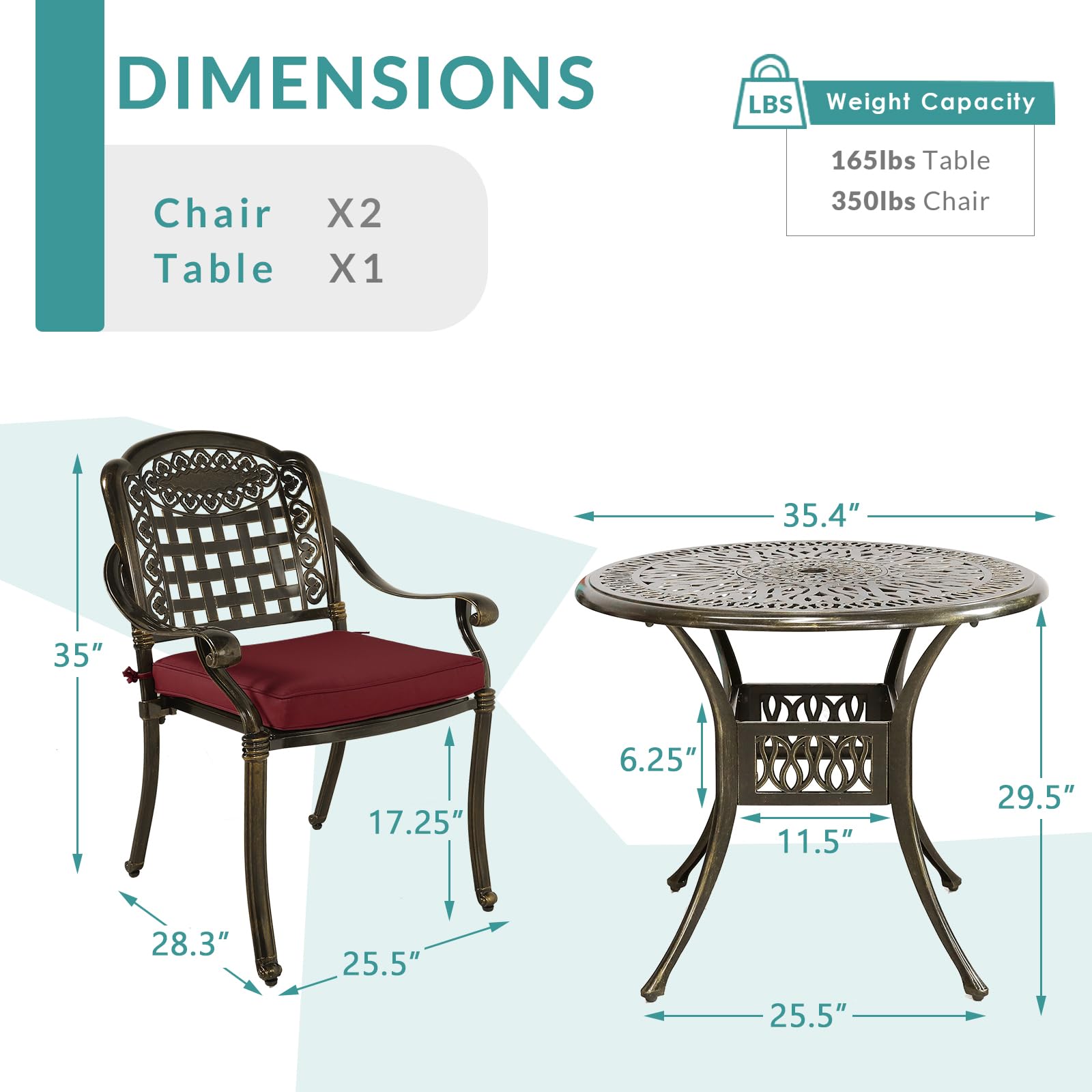 MEETWARM 3 Piece Patio Bistro Set, Outdoor All-Weather Cast Aluminum Dining Furniture Set Includes 2 Chairs with Cushions and a 35.4” Round Table with Umbrella Hole for Garden Deck, Chili Red