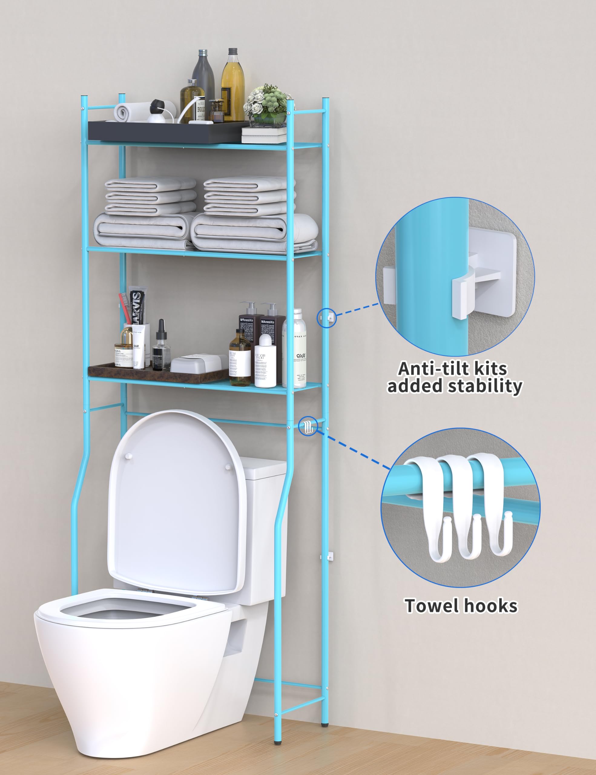 Livilord Over The Toilet Storage, 3-Tier Metal Bathroom Shelves, Freestanding above Toilet Storage Shelf with 4 Hooks for Bathroom, Blue