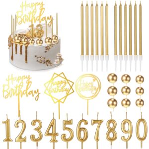 yerliker 34 pcs happy birthday cake toppers decorations birthday candles for men women with 12 long thin candles 10 number candles 9 ball cake topper 3 birthday cake topper(gold)