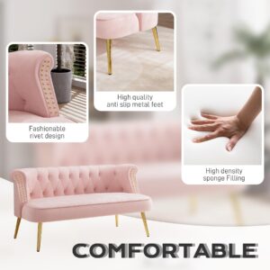 DAMAIFROM Velvet Loveseat Sofa, Modern 2 Seater Sofa with Gold Legs, 51" W Upholstered Tufted Couch for Living Room, Comfy Love Seat Small Furniture for Apartment, Small Spaces, Pink