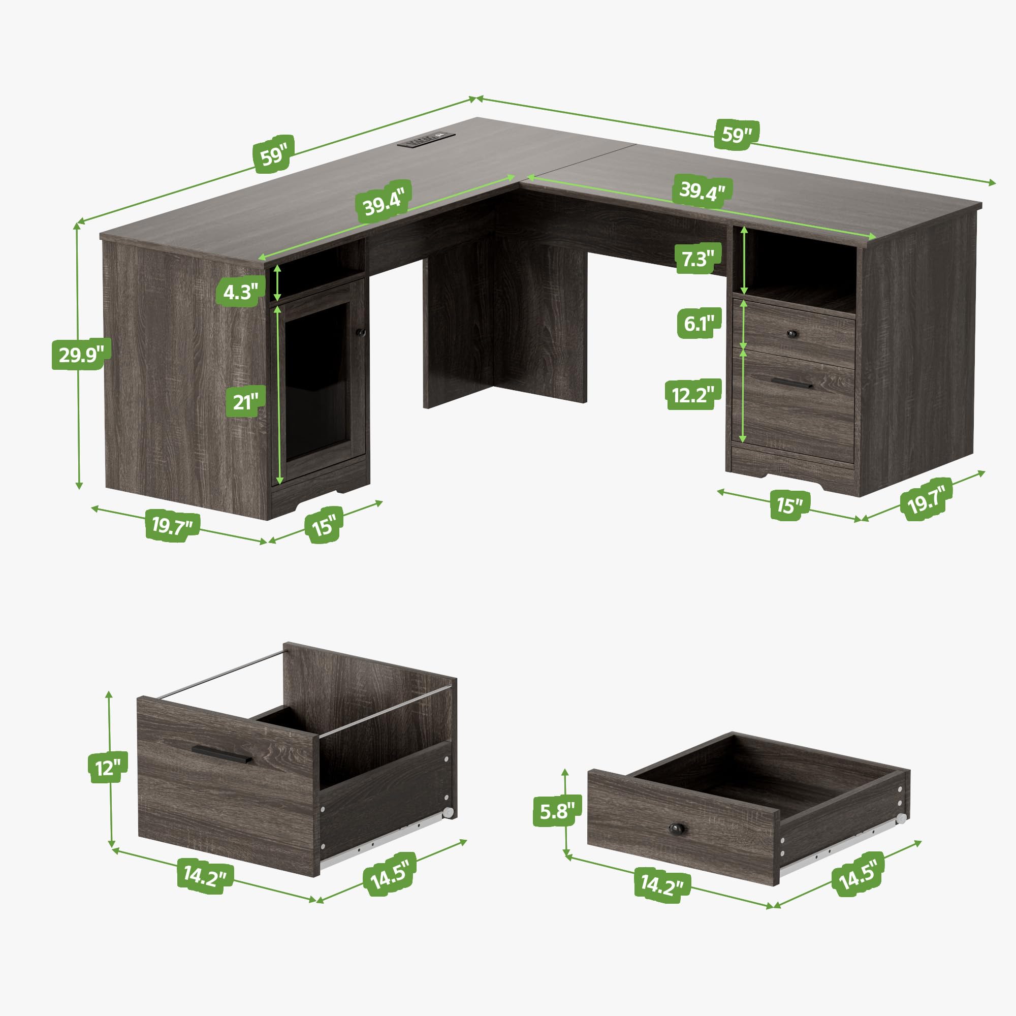 MU L Shaped Desk with File Drawer, 60 Inch Corner Desk with Storage Drawers & Cabinet, Large Home Office Desk with Power Outlets, Wood Executive Office Desk, Grey