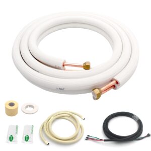 taurox 10ft mini split line set 1/4" & 3/8" o.d copper pipes tubing and 3/8" white thickened pe insulation coil, for mini split air conditioning or heating pump equipment and hvac with flared nuts.