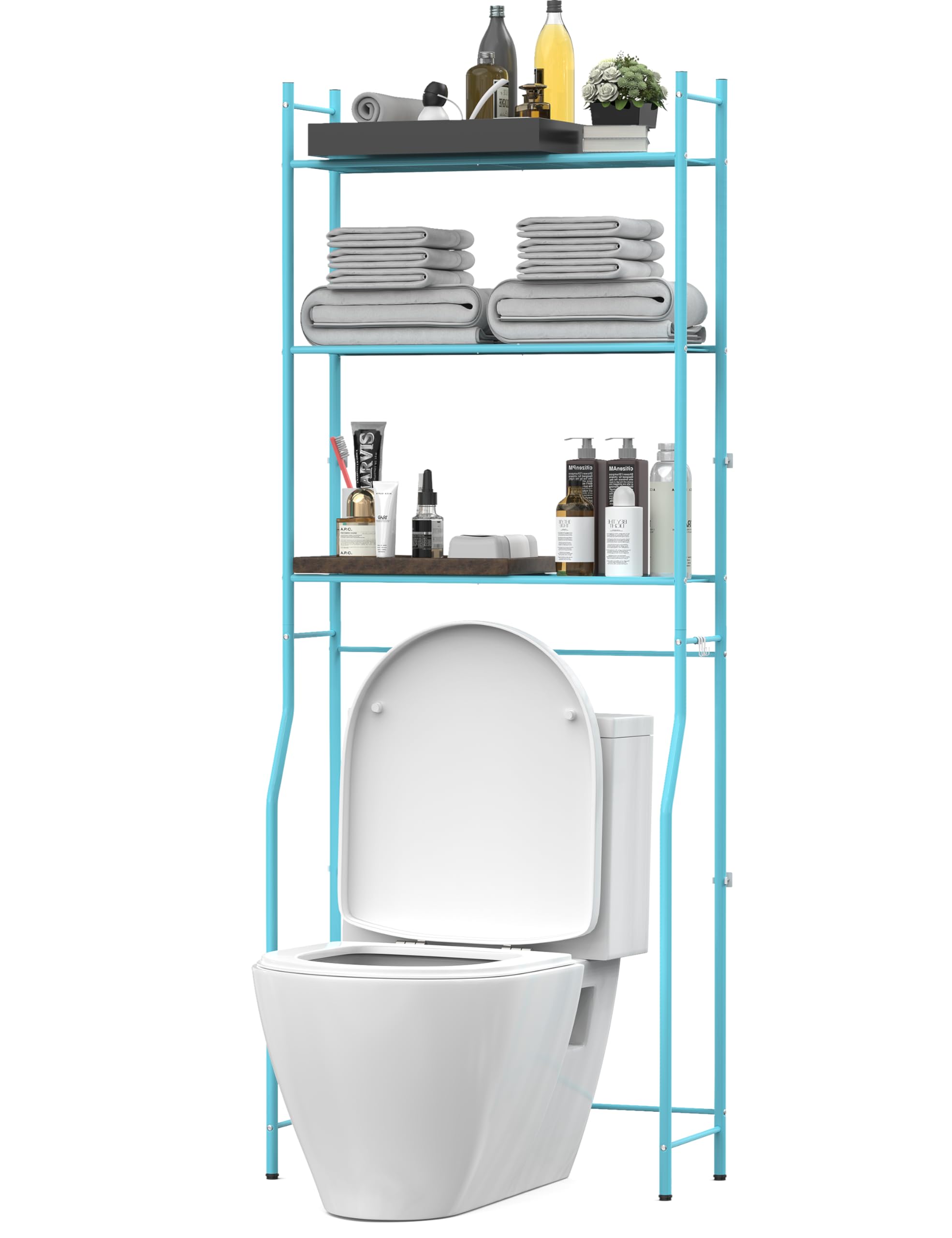 Livilord Over The Toilet Storage, 3-Tier Metal Bathroom Shelves, Freestanding above Toilet Storage Shelf with 4 Hooks for Bathroom, Blue