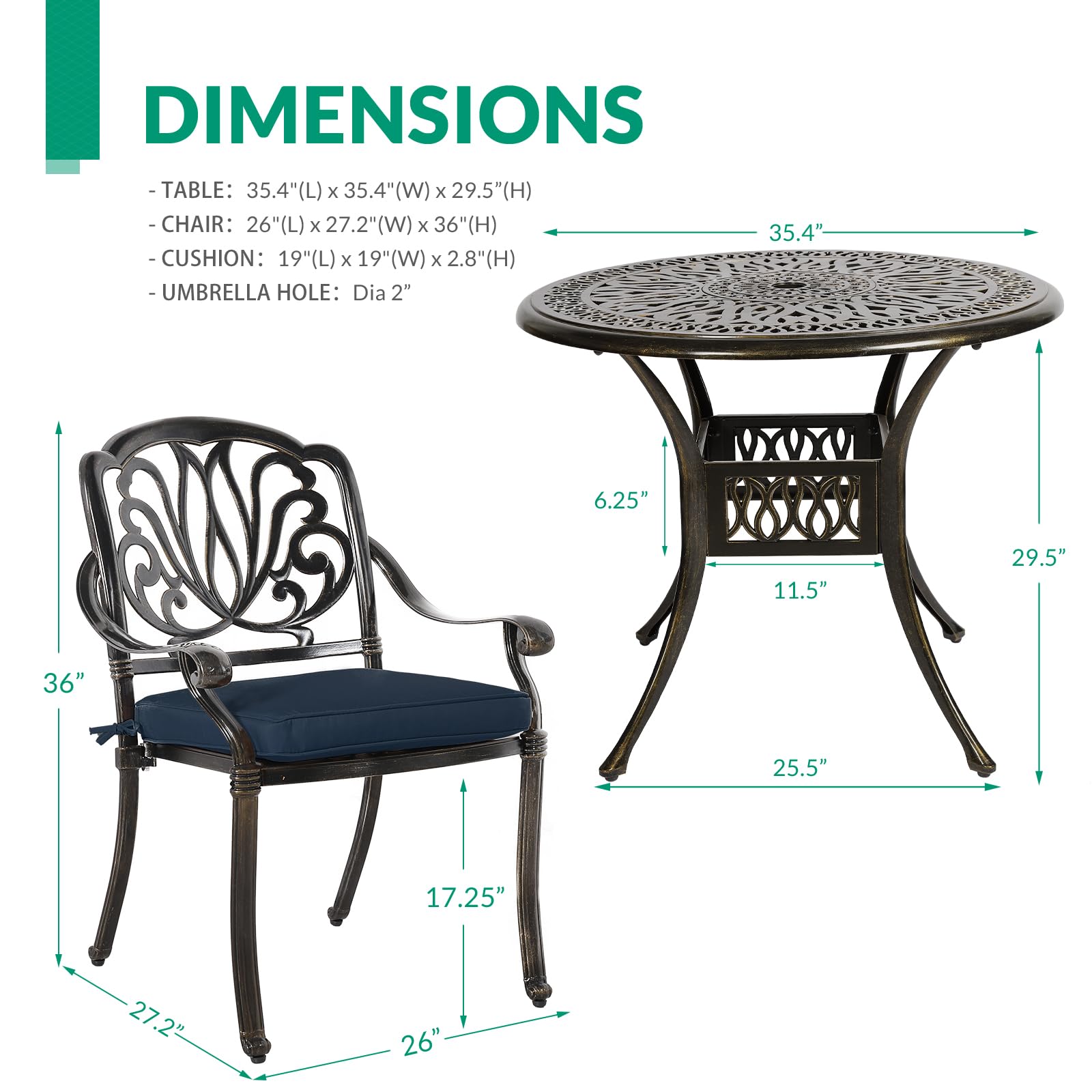 VIVIJASON 3-Piece Patio Bistro Sets, All-Weather Cast Aluminum Bistro Table Set Outdoor Patio Furniture, Include 2 Cushioned Chairs and 35.4" Round Table, 2" Umbrella Hole, Navy Blue Cushion