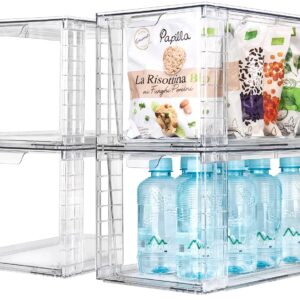 4Pack Large Stackable Kitchen Storage Drawers, Clear Foods Organizer Bins with Handles, Easily Assemble for Bathroom, Kitchen, Pantry, Cabinet, Closet(XL-UP Handle)