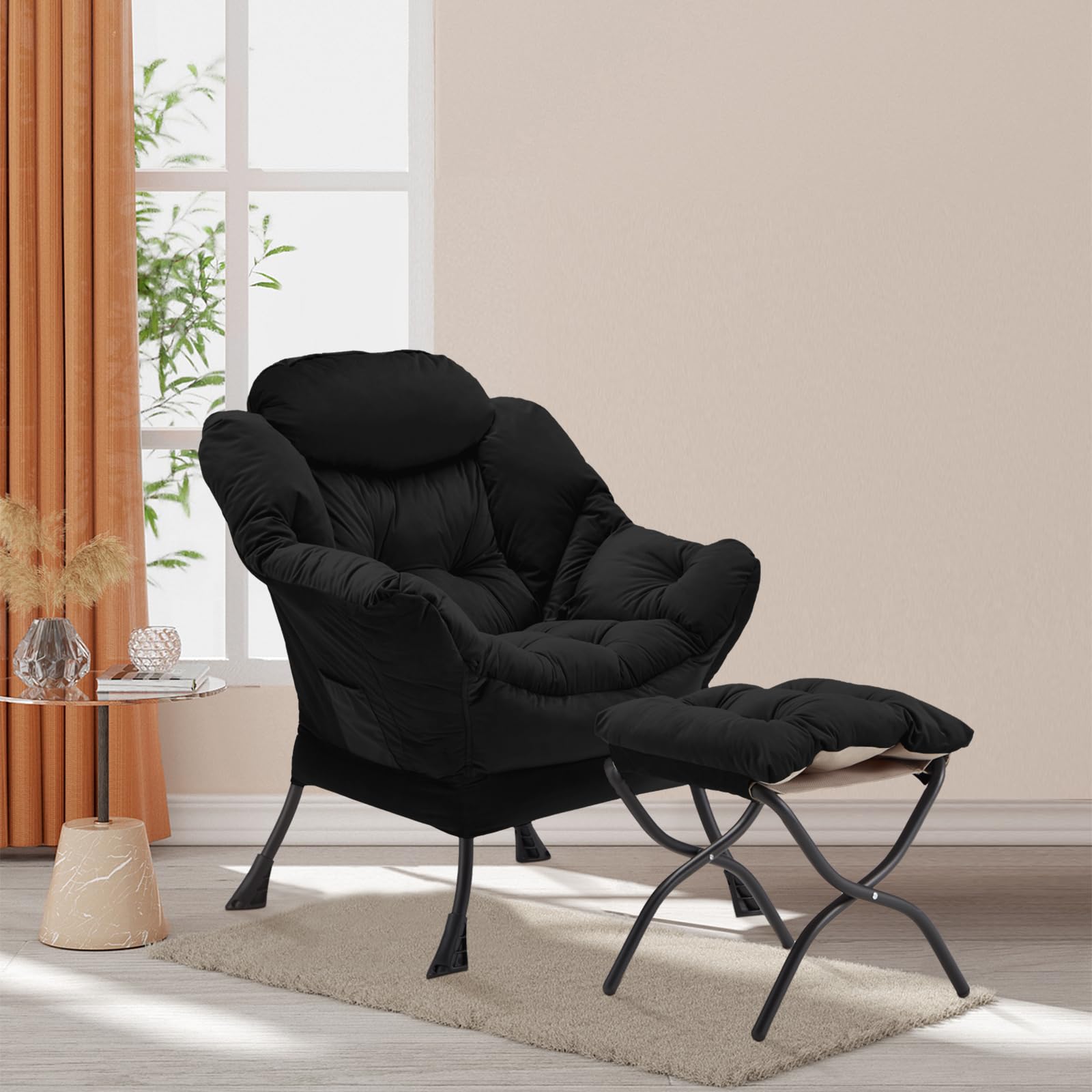 Youtanic Lazy Chair with Folding Ottoman, Accent Chair Velvet Upholstered with Metal Structure and Non-Slip Pads, Sofa Armchair with Footrest and Side Storage Bag for Dorm, Room, Office, Black