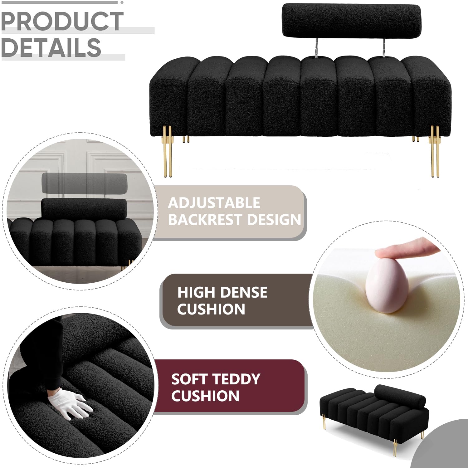 ivoros Modern Sofa Couch Loveseat Bench, Upholstered Tufted Settee Love seat with Gold Legs and Adjustable Backrest, Small Sofas and couhes end of Bed for Living Room, Bedroom, Shops 53.2"-Black