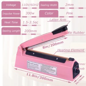 Impulse Bag Sealer 8 inch, Impulse Heat Sealer, Manual Impulse Bag Sealer Poly Bag Sealing Machine Heat Seal Closer for Plastic Bags PE PP Bags