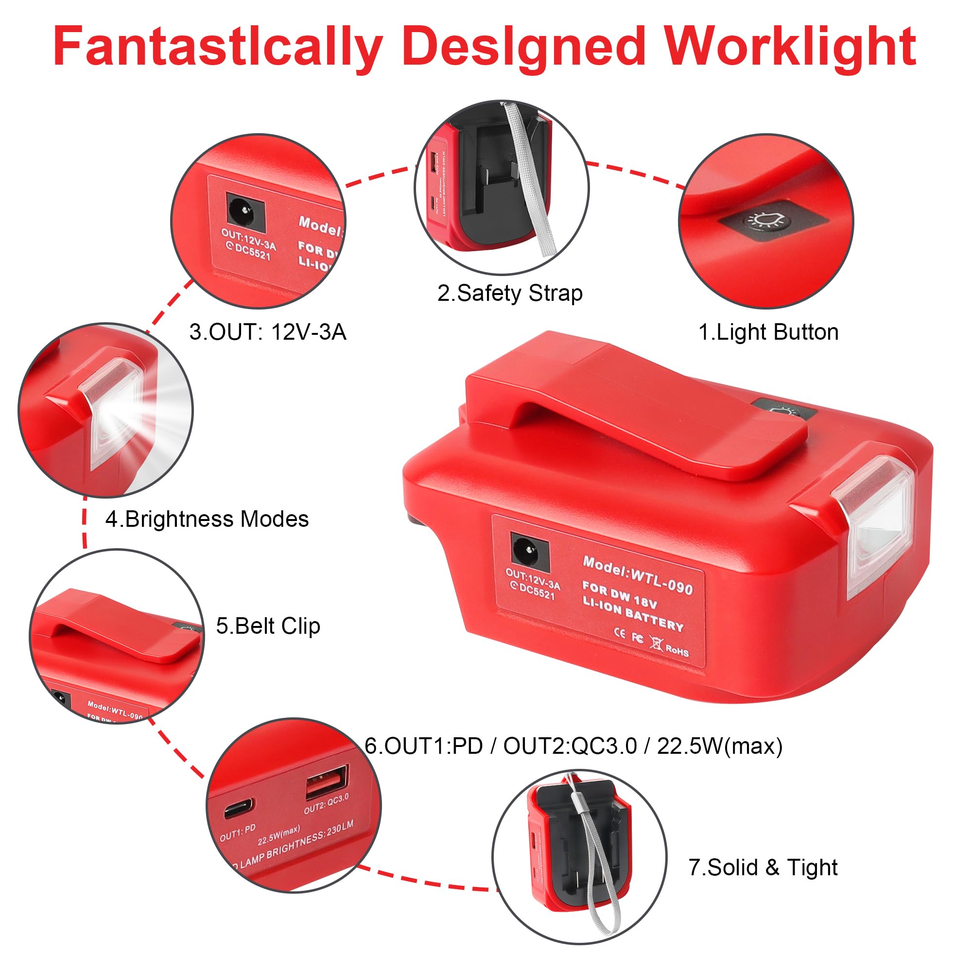 Xinriga Multi-Functional Power Adapter Compatible with DEWALT and Milwaukee Batteries with Dual USB Ports and 12V DC Port Three-mode work light-Compatible with DEWALT USB Charger Adapter 20V Batteries