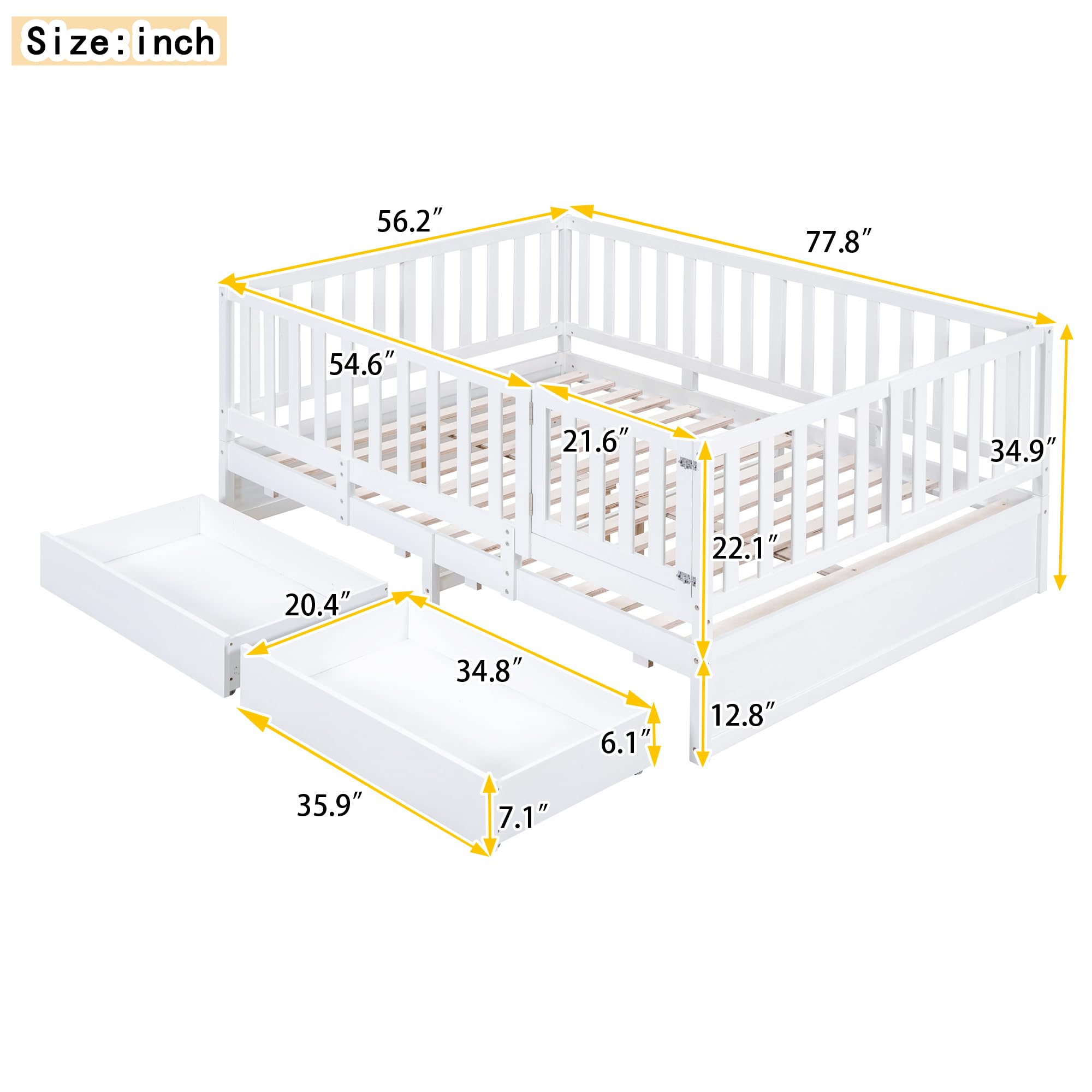 Wood Full Size Daybed with Fence Guardrails and 2 Drawers, Used as Independent Floor Bed & Daybed,for Kids Toddler Teens Adults Bedroom Use (White@Fence/, Full)