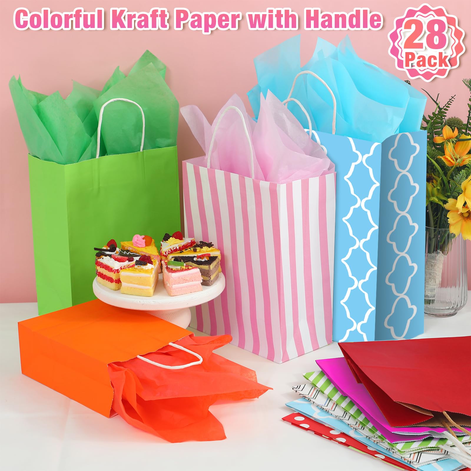 Tenceur 28 Pcs Gift Bags Assorted Sizes Bulk with 56 Tissues Papers Paper Gift Bags with Handles for Birthday Party Favor Various Occasions, 8.3 in Small, 10.6 in Medium, 12.6 in Large