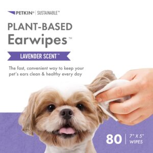 Petkin Plant-Based EarWipes, 80 Wipes - Biobased & Sustainable Pet Ear Wipes for Dogs & Cats - Cleans Ear Area, Dirt, Odor & Wax - Consciously Cleans & Conditions - Easy to Use - Lavender