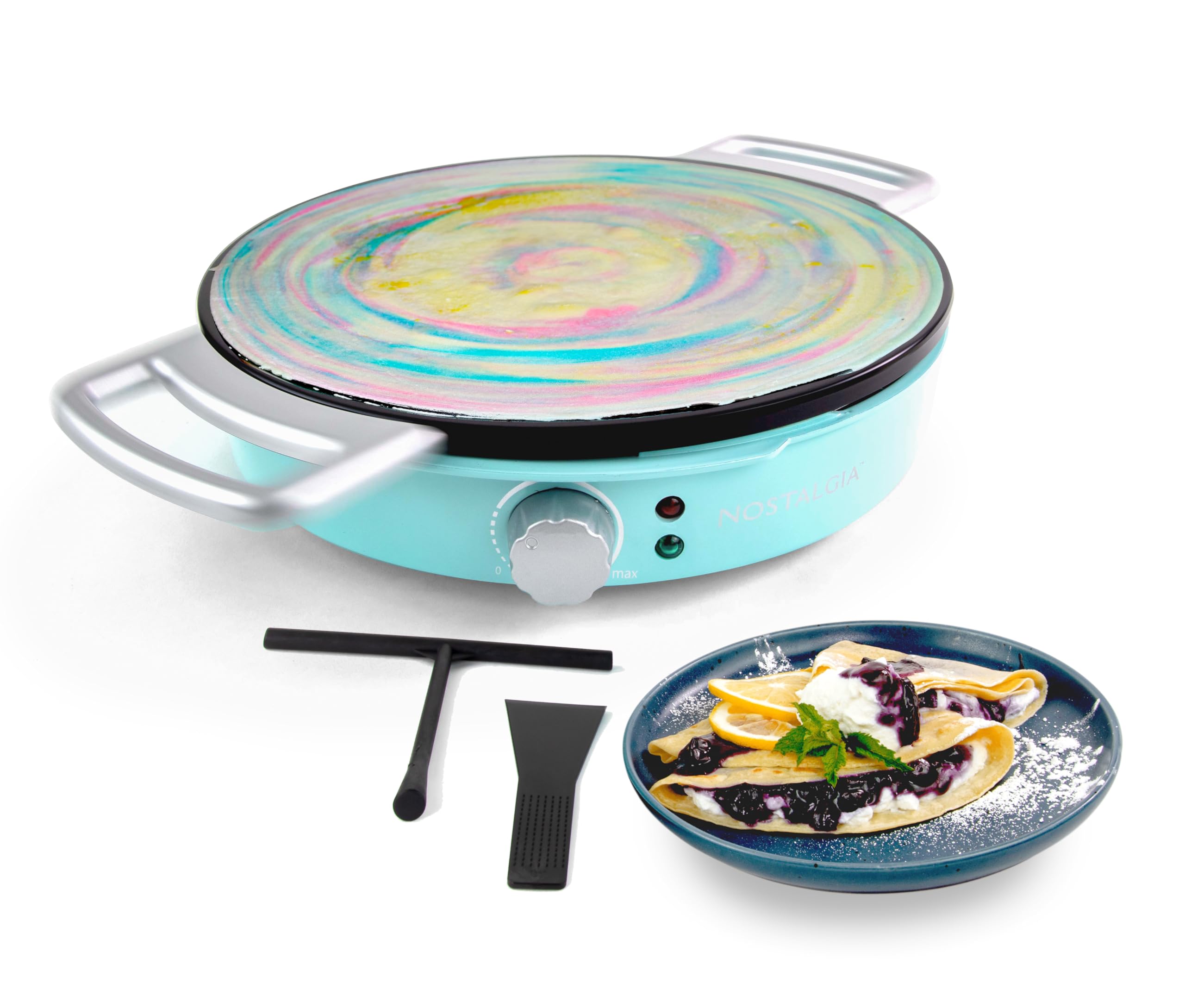 Nostalgia 12-Inch Spinning Crepe Maker for Pancake Breakfast Art with Non-Stick Cooking Griddle, Spatula and Batter Spreader Included