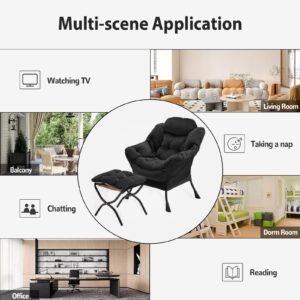 Youtanic Lazy Chair with Folding Ottoman, Accent Chair Velvet Upholstered with Metal Structure and Non-Slip Pads, Sofa Armchair with Footrest and Side Storage Bag for Dorm, Room, Office, Black