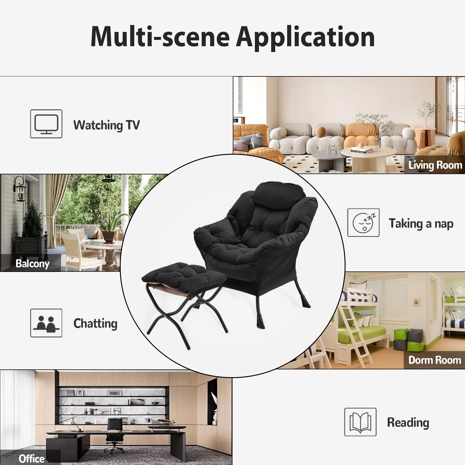 Youtanic Lazy Chair with Folding Ottoman, Accent Chair Velvet Upholstered with Metal Structure and Non-Slip Pads, Sofa Armchair with Footrest and Side Storage Bag for Dorm, Room, Office, Black