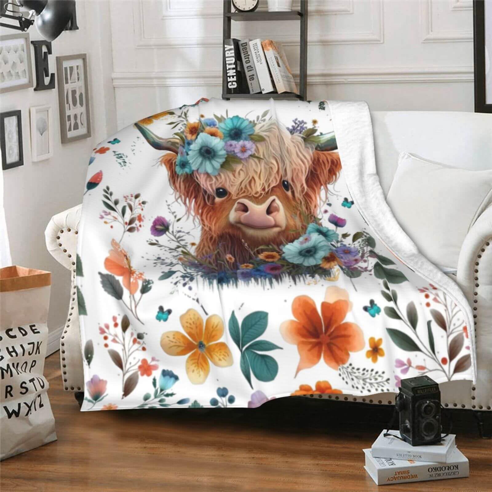 CaomeiWu Highland Cow Blanket, 40"x50" Flannel Cute Highland Cow Themed White Throw, Soft Nap Throw Blanket for Home Boys Girls Women Highland Cow Lovers