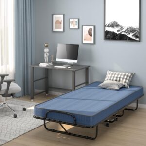 Giantex Folding Bed with Mattress, Foldable Guest Bed with 4-Inch Mattress & 4 Wheels, Portable Fold up Bed for Adults, Space-Saving for Home, Office, Made in Italy, Rollaway Bed Twin Size