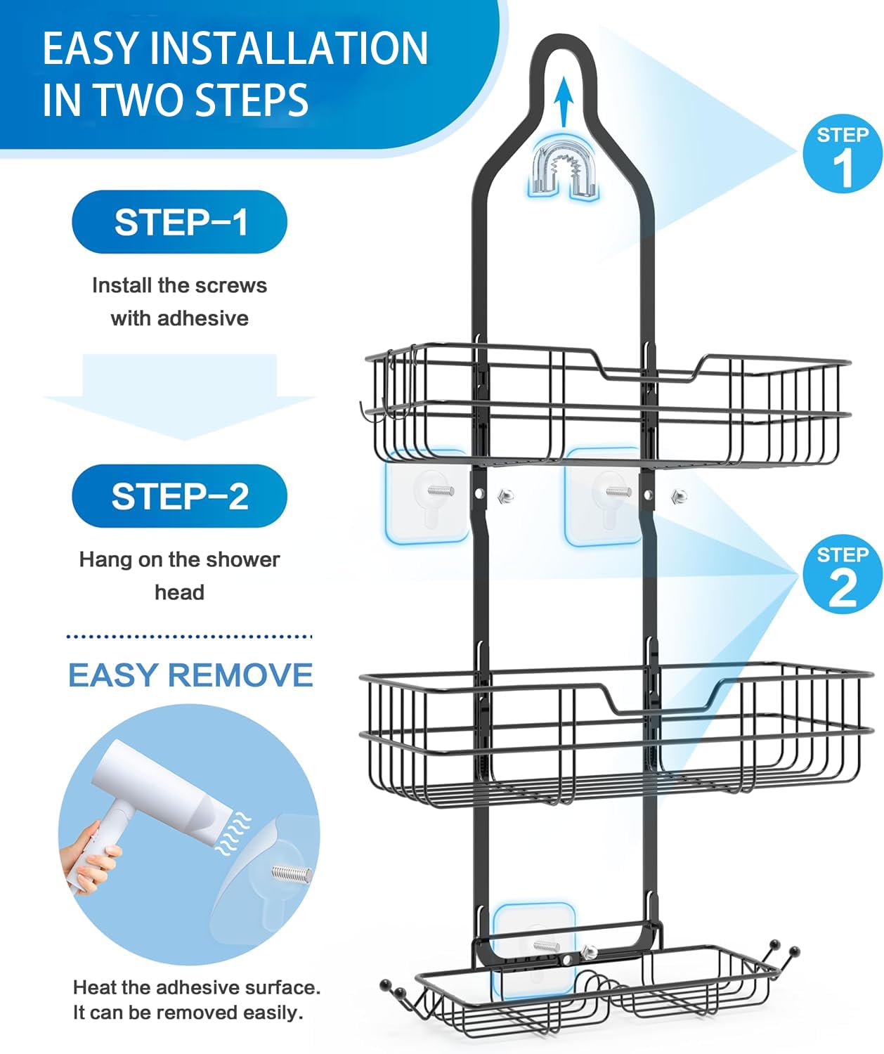 Turfson Hanging Shower Caddy Over Shower Head,Height Adjustable Shower Organizer Hanger Storage Rack Shelf For Inside Rustproof Bathroom Wall Basket With Soap Shampoo Holder Organization Black