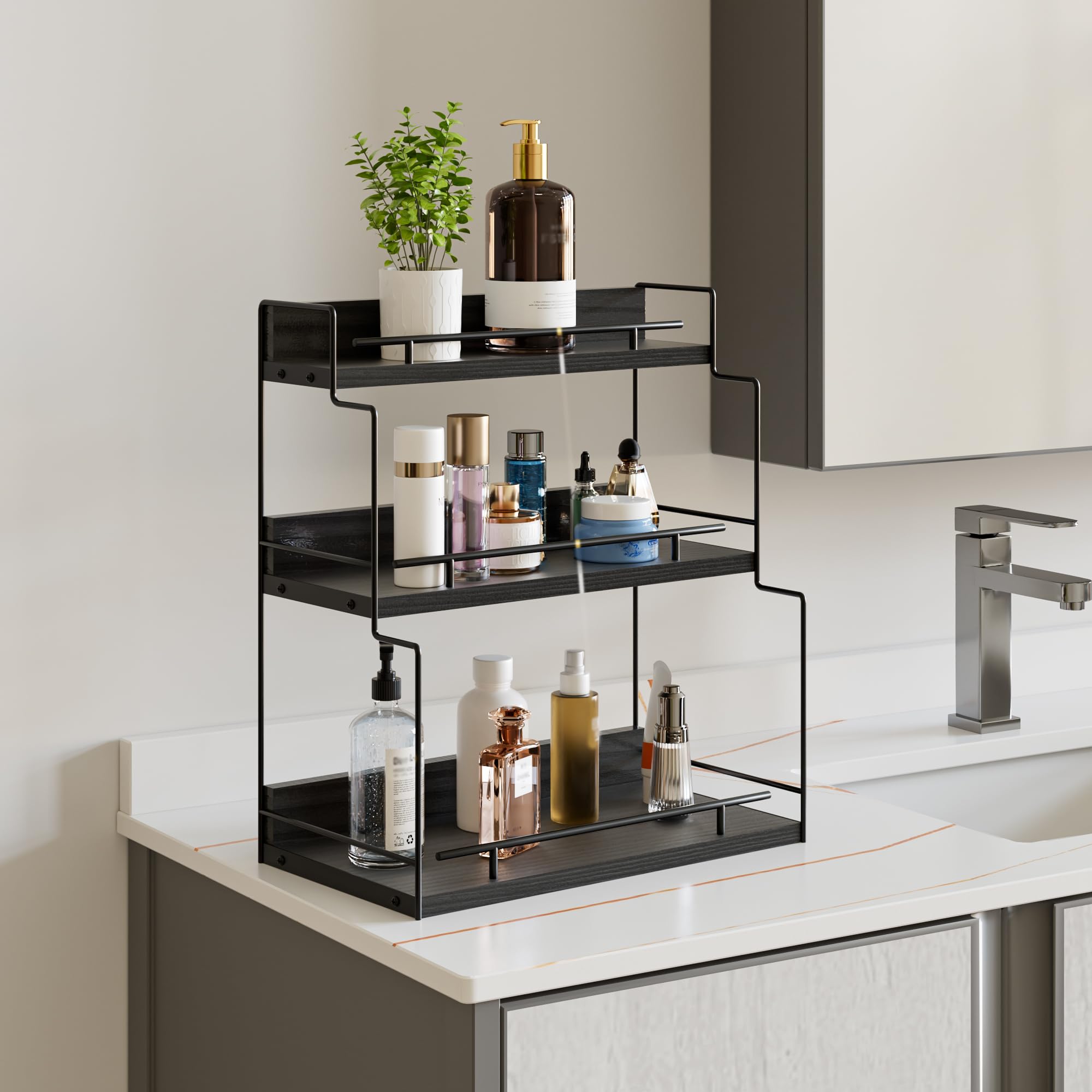 ZGO 3-Tier Bathroom Organizers and Storage Countertop, Makeup Organizer Countertop, Bathroom Counter Organizer, Tiered Tray Stand Make up Organizers for Counter Kitchen Countertop Organizer(Black)