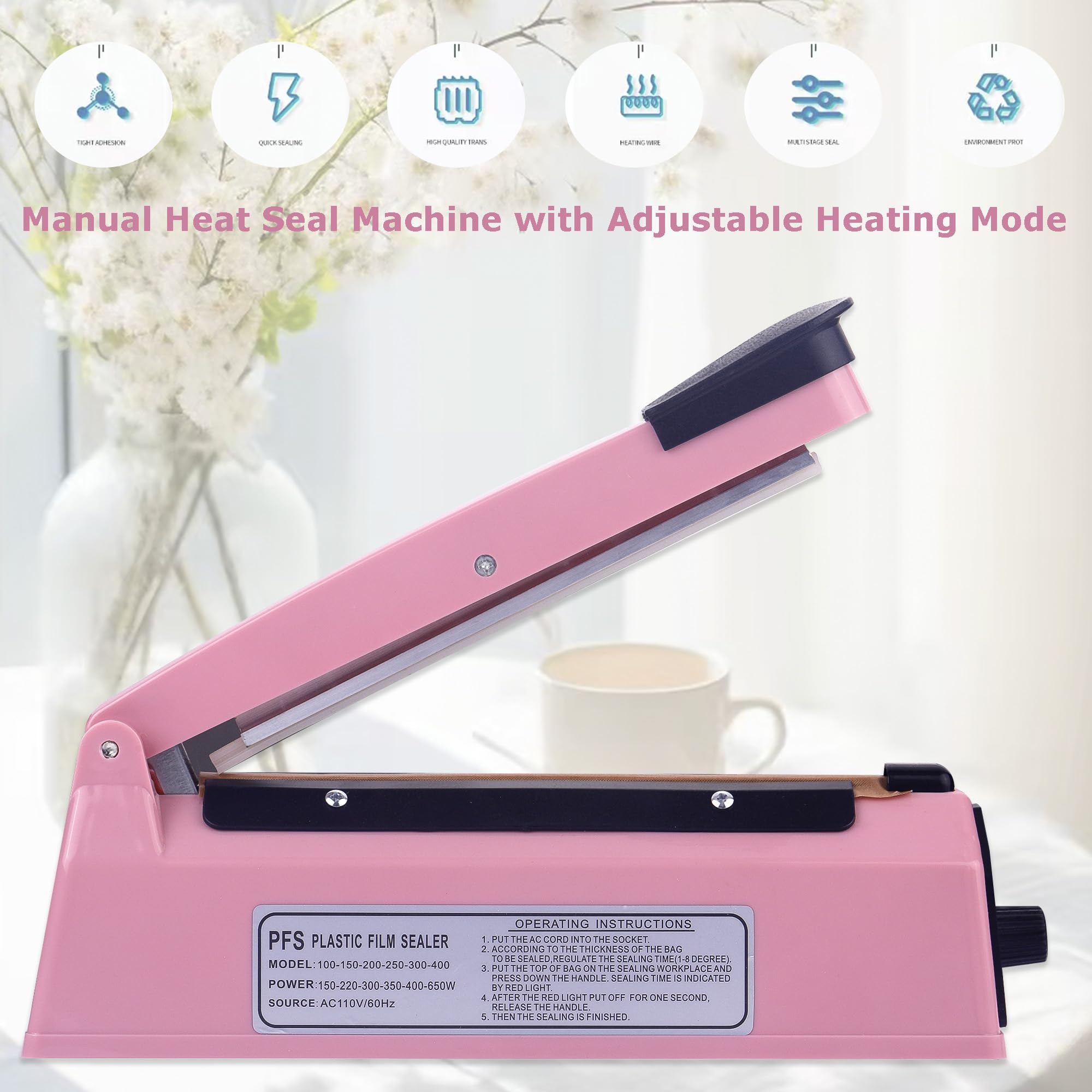 Impulse Bag Sealer 8 inch, Impulse Heat Sealer, Manual Impulse Bag Sealer Poly Bag Sealing Machine Heat Seal Closer for Plastic Bags PE PP Bags