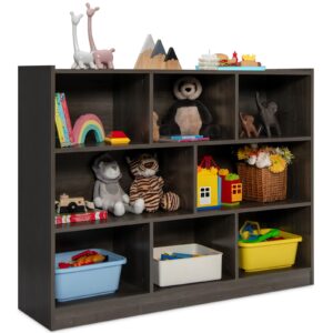 mat expert toy storage organizer, 8-section display shelf cabinet for organizing books & toys, 3-tier open wooden daycare kids bookshelf for classroom, playroom, nursery & kindergarten (grey)