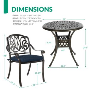 VIVIJASON 3-Piece Patio Furniture Dining Set, All-Weather Cast Aluminum Outdoor Bistro Set, Include 2 Chairs, 2 Cushions and 31" Round Table w/Umbrella Hole for Balcony, Backyard, Navy Blue Cushion