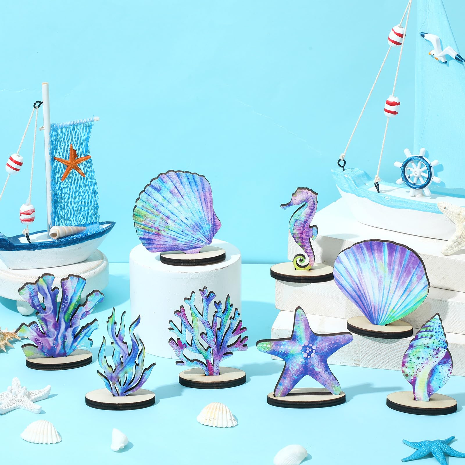 Beeveer 16 Pieces Mermaid Party Decorations Under the Sea Mermaid Bee Disco Dinosaur Table Centerpiece DIY Wood Bee Disco Table Decor for Ocean Bee Disco Dinosaur Theme Birthday Baby Shower (Mermaid)