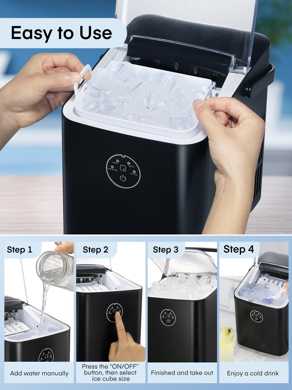 FOHERE Countertop Ice Maker with Handle, Portable Ice Machine Self-Cleaning, 28 lbs in 24Hrs, 2 Sizes of Bullet Ice, Ice Ready in 6 Mins, with Ice Scoop & Basket, for Home/Kitchen/Camping/RV