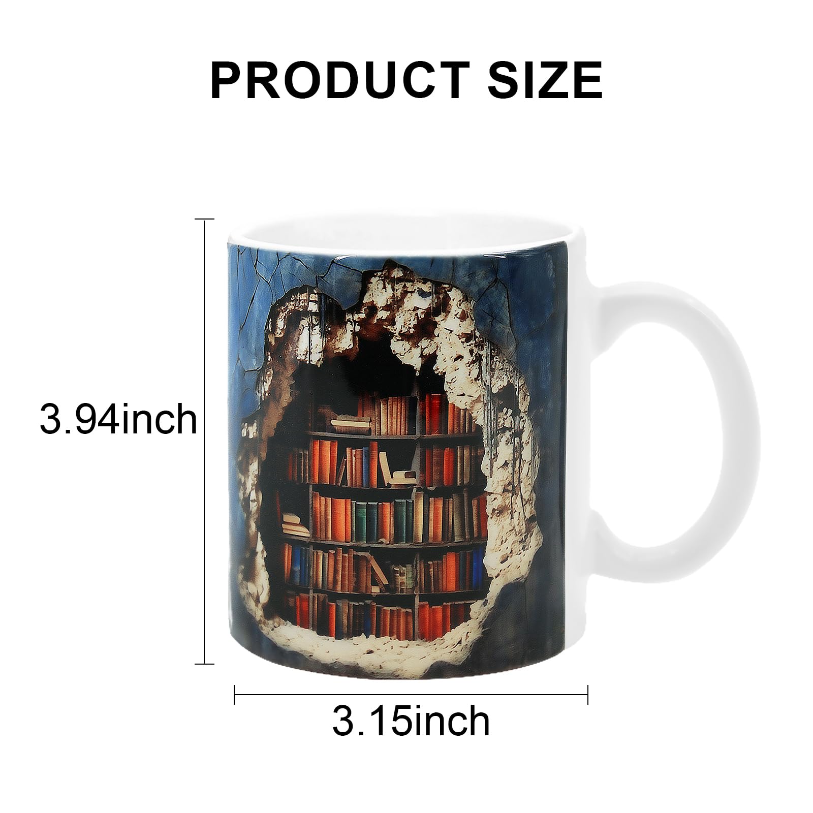 UQOOQFA Library Bookshelf Mug: 11oz 2D Bookshelves Hole In A Wall Mug Book Lovers Coffee Cup Ceramic Bookish for Men and Women for Indoor Home Office (A)