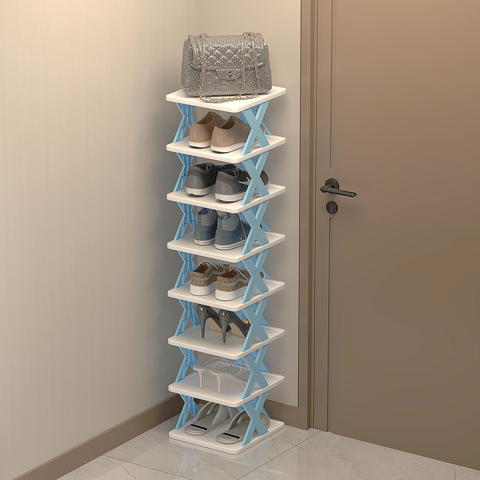 DEARLUREN 7-Tier Corner Shoe Rack Organizer,Free Standing Shoe Rack for Small Space Closet, Entryway, Narrow Vertical Shoe Slots Organizer for Small Space, Stackable, Blue