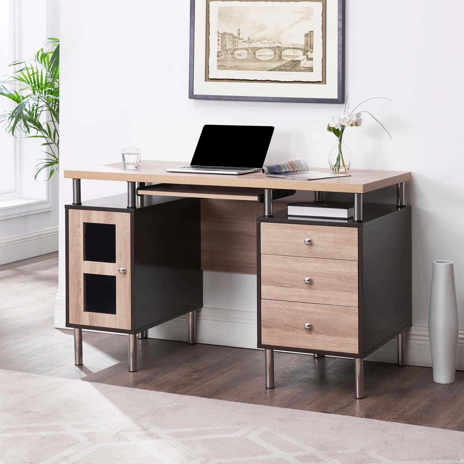 Naomi Home 3-Drawer File Cabinet Office Computer Writing Desk with Keyboard Tray, Two-Tone Desk with Power Outlets, USB Ports Station, Metal Legs - Espresso, Natural