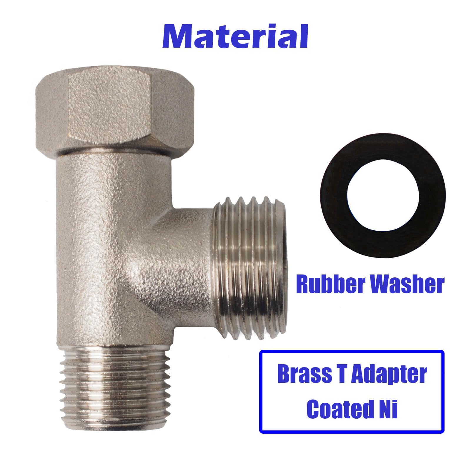 Bidet T Adapter - T Valve Adapter for Bidet, Made of Brass Coated Nickel (Thread Size 3/8 x 3/8 x 1/2 or 9/16 x 9/16 x 1/2), 3 Way Adapter or Tee Connector