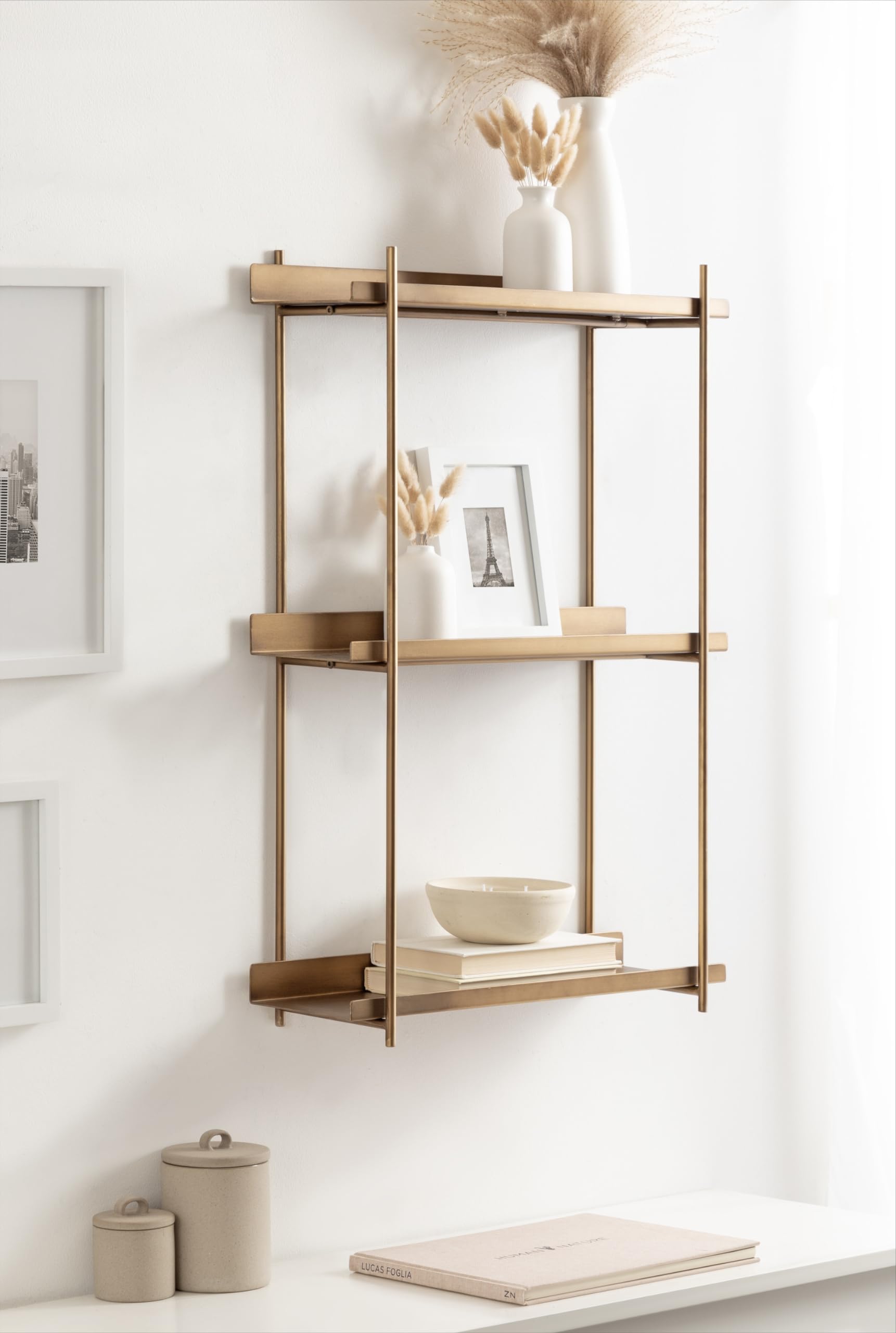 Kate and Laurel Dominic Modern Metal Bathroom Shelf, 20 x 7 x 30, Dark Gold, Sleek Glam 3-Tier Floating Shelves for Wall Decor, Display, and Over Toilet Storage