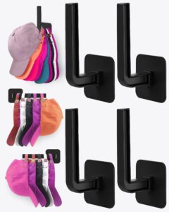 sunfanie hat rack for hat storage (4-pack), multi-purpose hat organizer, strong adhesive hat hooks for wall hat organizer for baseball caps, two mounting options hat hook, black