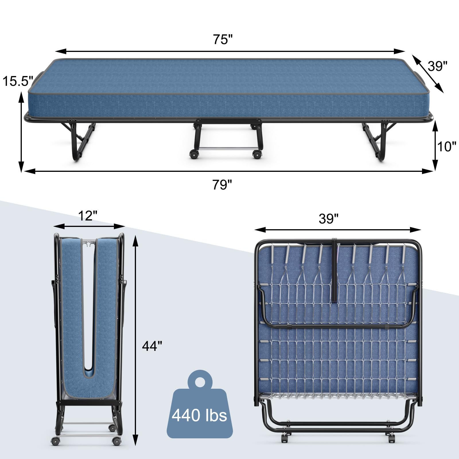 Giantex Folding Bed with Mattress, Foldable Guest Bed with 4-Inch Mattress & 4 Wheels, Portable Fold up Bed for Adults, Space-Saving for Home, Office, Made in Italy, Rollaway Bed Twin Size