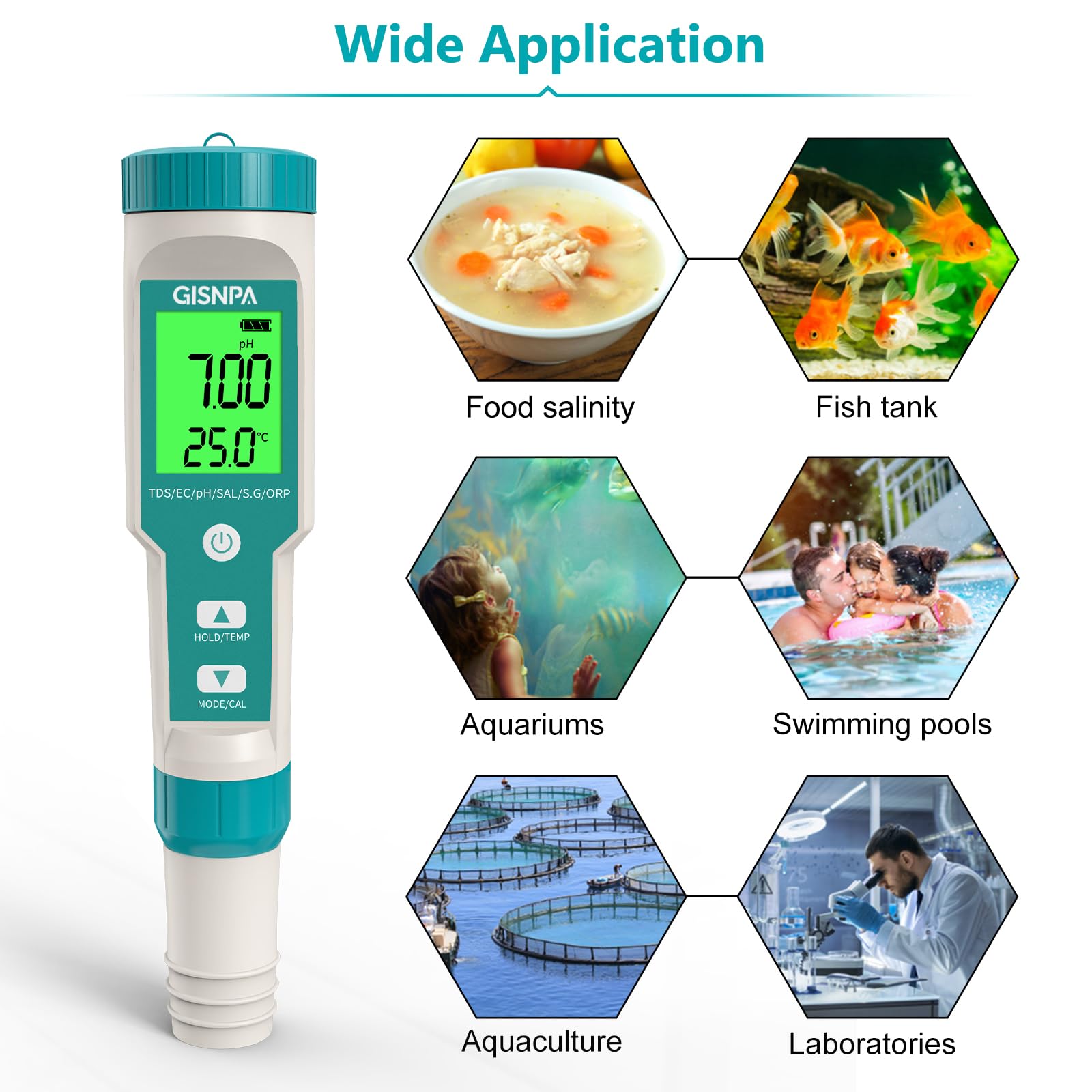 GISNPA 7 in 1 pH/TDS/EC/ORP/S.G/Salinity/Temp Meter with ATC pH Tester, 0.01 Resolution High Accuracy Digital pH Meter, Water Tester for Drinking, Hydroponics, Swimming Pool and Aquarium