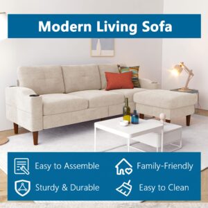 Dolonm L-Shape Modern Sofa, Sectional Couch with Built-in USB Port and Convenient Cup Holder, 3-Seater Sofa with Storage Ottoman, Couch for Living Room, Office, Apartment, Beige