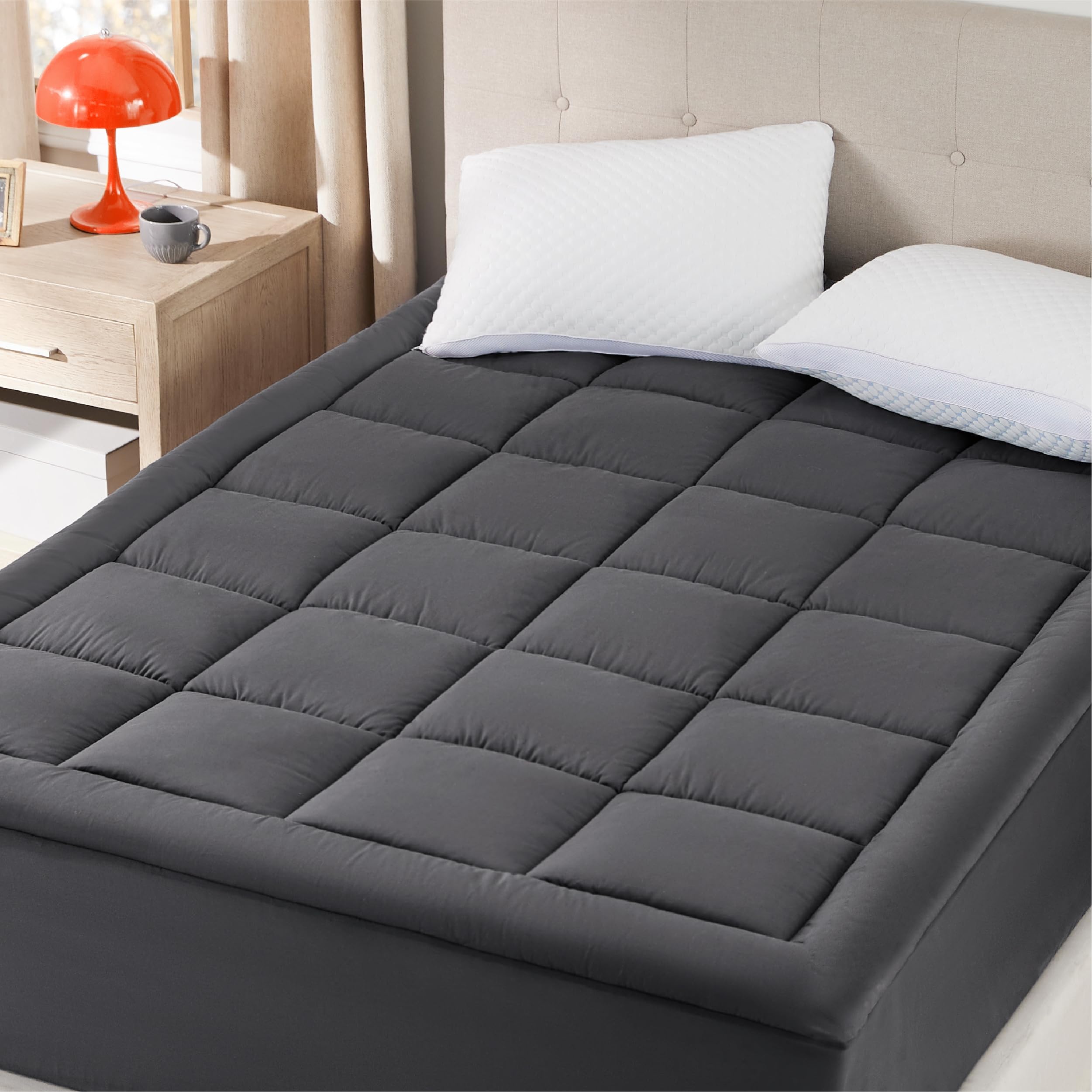 Kawa Mattress Pad Mattress Topper for Mattress Protector Cooling Breathable Fluffy and Soft Mattress Cover with 8-12 Deep Pocket (Dark Gray- Queen)